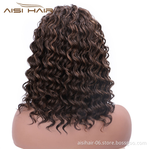 Aisi Hair Afro Curly High Temperature Fiber Synthetic Wigs with Headband Mixed Brown Color Short Curly Wigs for Black Women